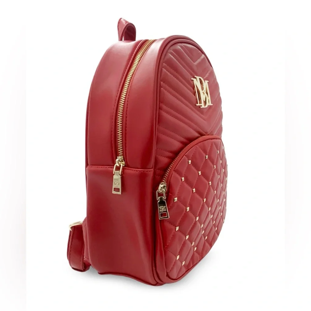 Badgley Mischka Bright Red Vegan Leather Gold Studded Backpack NWT